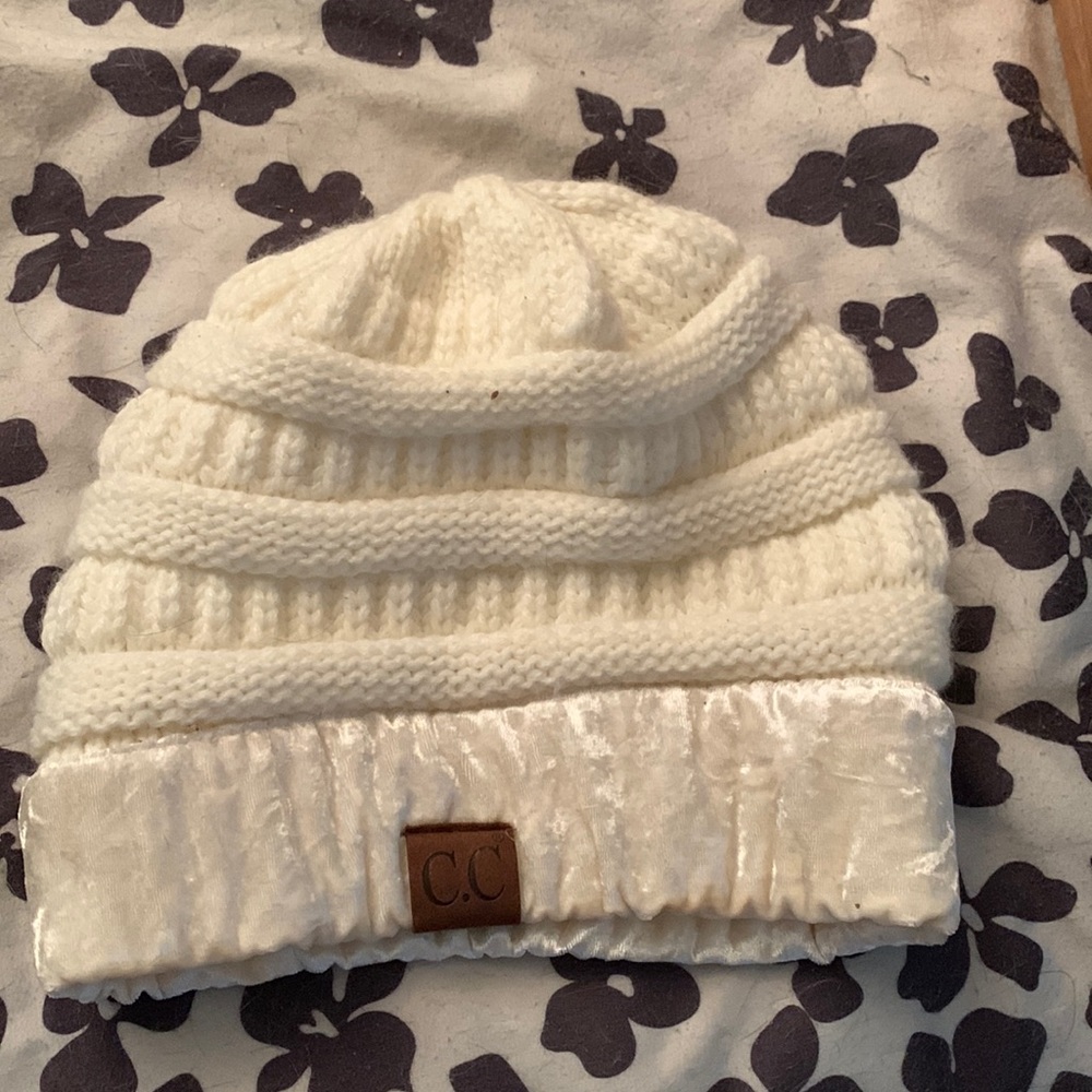 All white C.C winter Bennie with white velvet